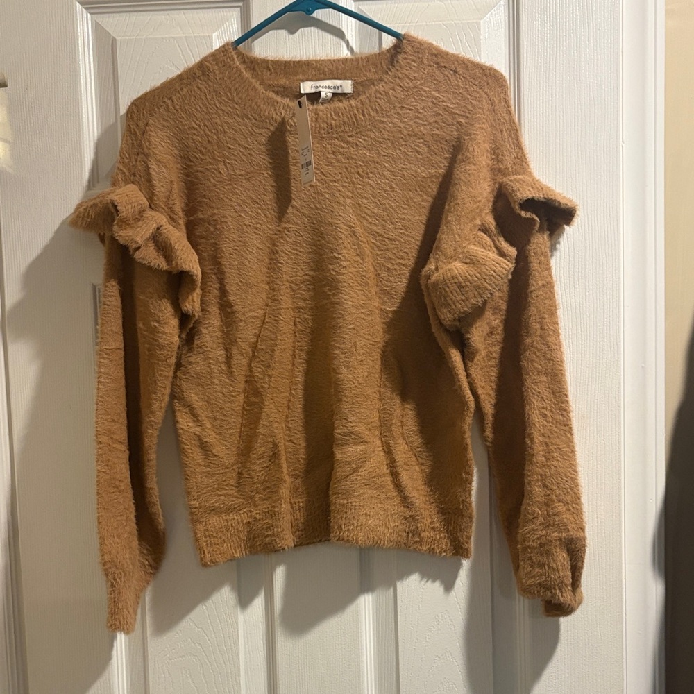 Francesca's Collections Camel Sweater with Ruffle Accents
